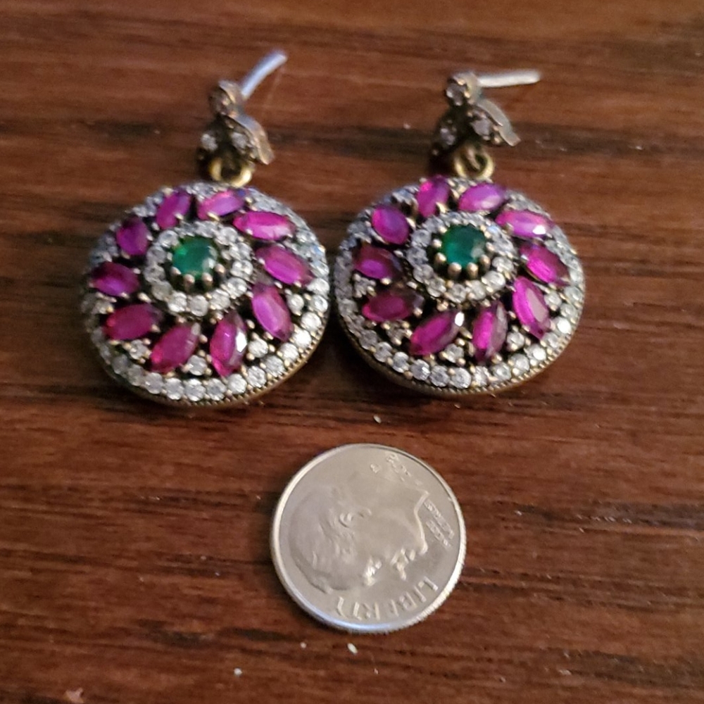 925 Sterling Silver Ruby With Emerald Earrings - image 4